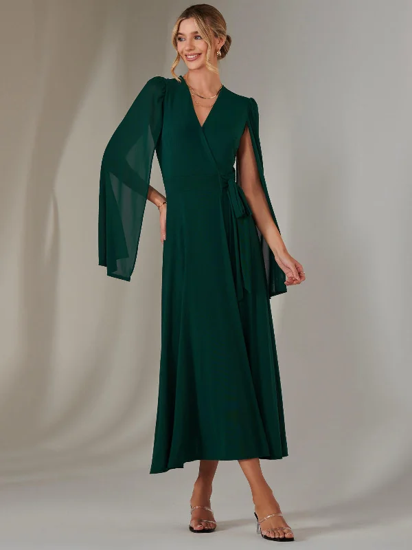 Women's Outerwear Apparel Big Discounts Amira Cape Sleeve Wrapped Maxi Dress, Dark Green