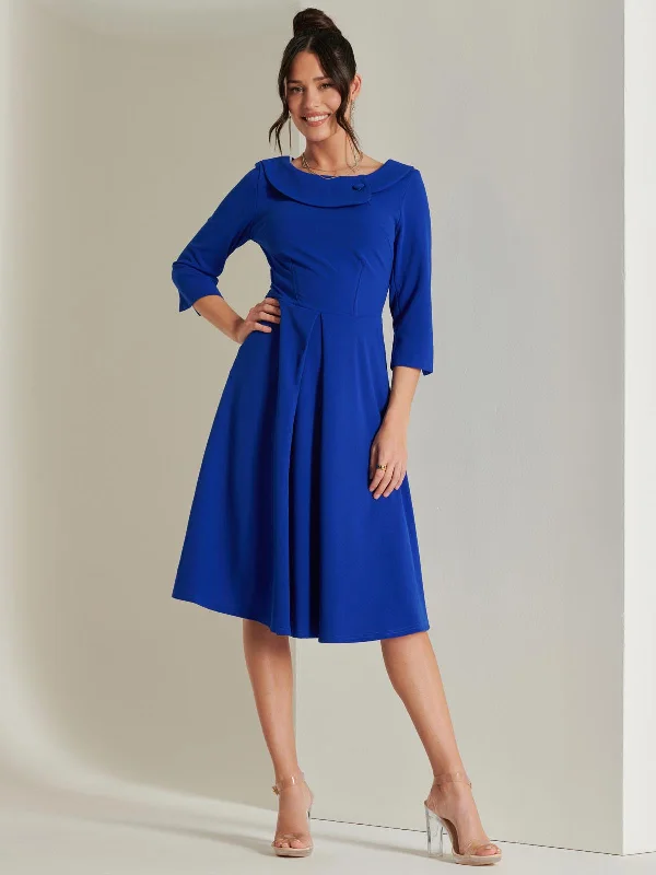 Women's Luxury Attire Hot Deals Fold Neckline Sleeved Midi Dress, Royal Blue