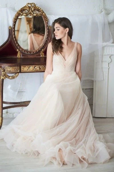 Women's Elegant Apparel Trendy Threads A Line Sleeveless V Neck Tulle Ruching Zipper Up Wedding Dresses