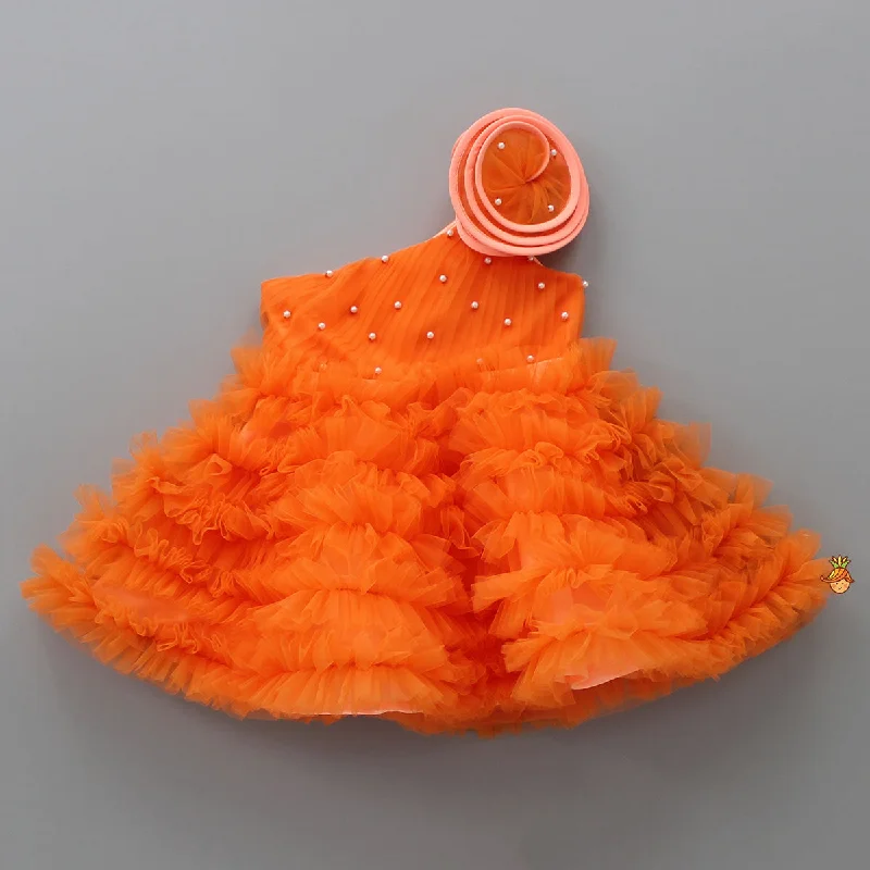 Women's Elegant Formal Outfit Chic Style, Always In Vogue Swirl Frilled One Shoulder Orange Dress