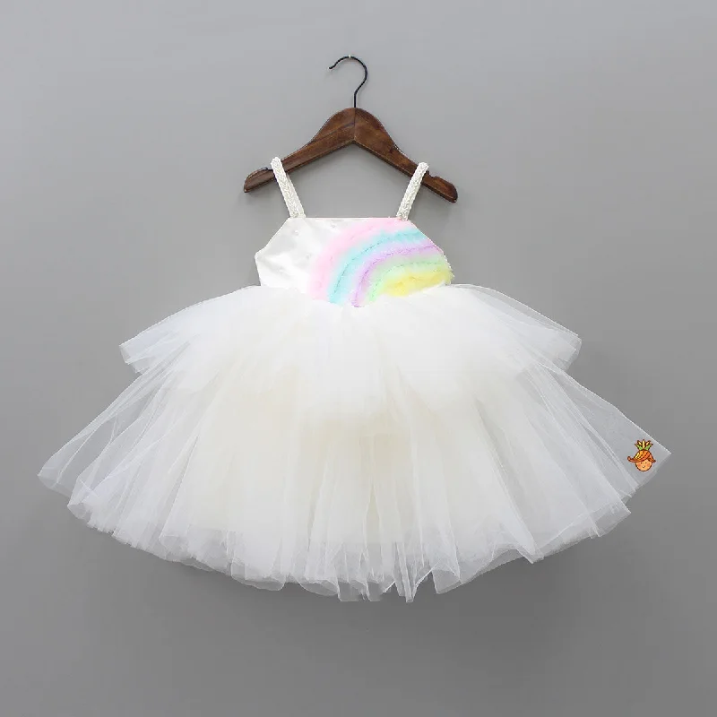 Affordable Women's Outfit Winter Warehouse Sale Rainbow and Pearl Detailed White Party Dress