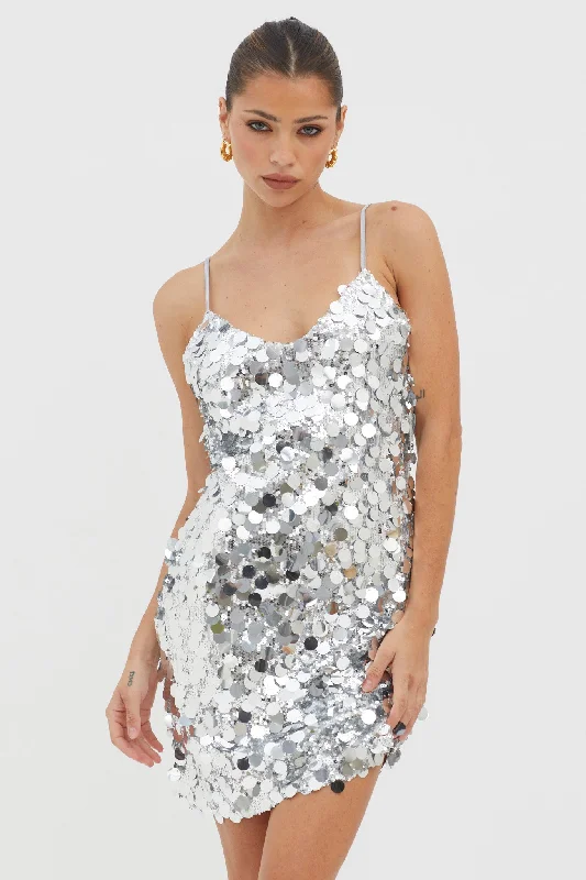 Women's Casual Wear Clothes Step Ahead, Lead The Trend Moon Dust Sequin Mini Dress Silver