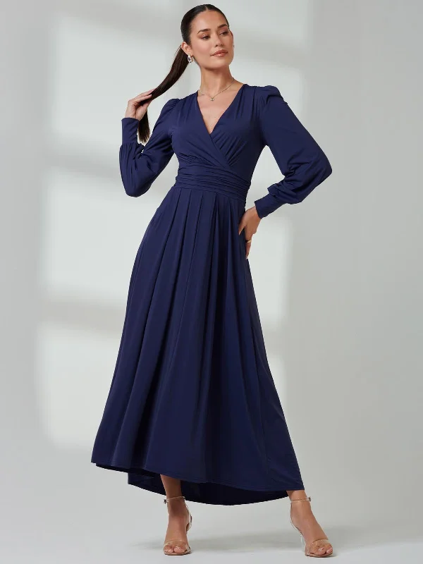 Women's Clothes For Outdoor Events Special Offer For You Long Sleeve Soft Silky Jersey Maxi Dress, Navy