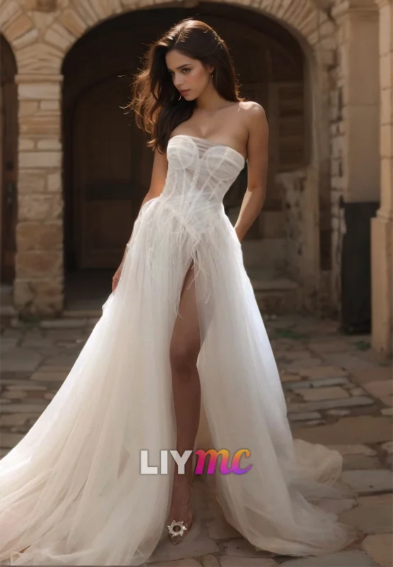 Women's Effortless Casual Outfit Flash Sale Fever LW132 - A Line Strapless Sheer Pleated Tulle Feather Long Wedding Dress With Side Slit