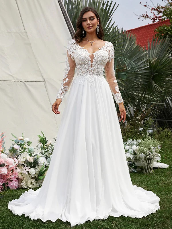 Women's Everyday Attire Top Brand Discounts A-Line/Princess Chiffon Applique V-neck Long Sleeves Sweep/Brush Train Wedding Dresses