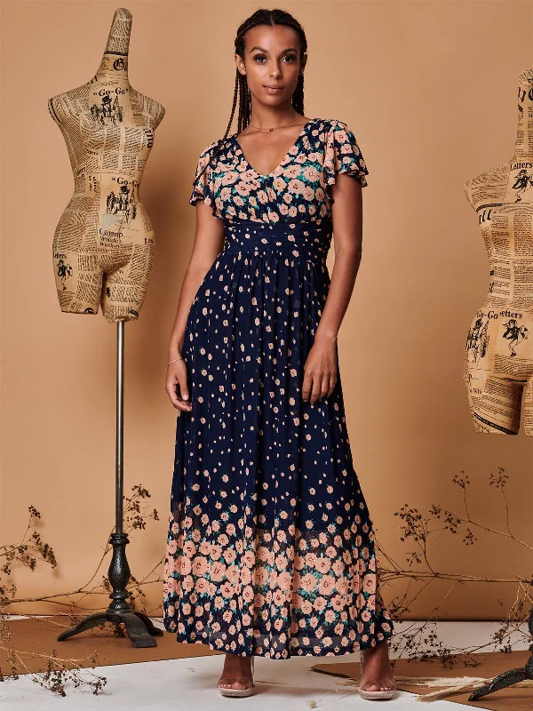 Women's Holiday Clothing The Latest Fashion Trends Mirrored Floral Print Mesh Maxi Dress, Navy Multi