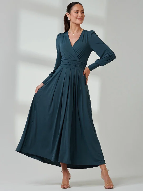 Women's Outerwear Attire Fresh Fashion Discounts Long Sleeve Soft Silky Jersey Maxi Dress, Dark Teal