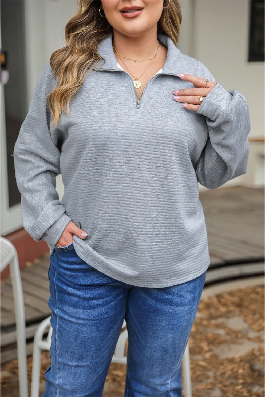 Everyday Elegance Sale Light Grey Quarter Zipper Collared Ribbed Knit Size InclusiveTop