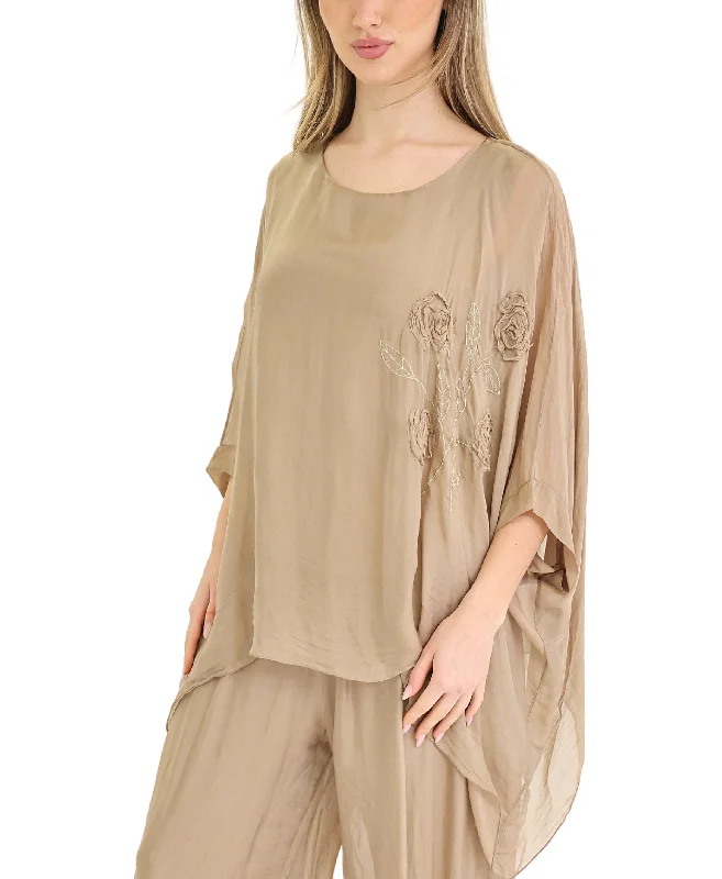 Clearance Sale, All Cheap Silk Hanky Hem Top w/ Floral Embroidery