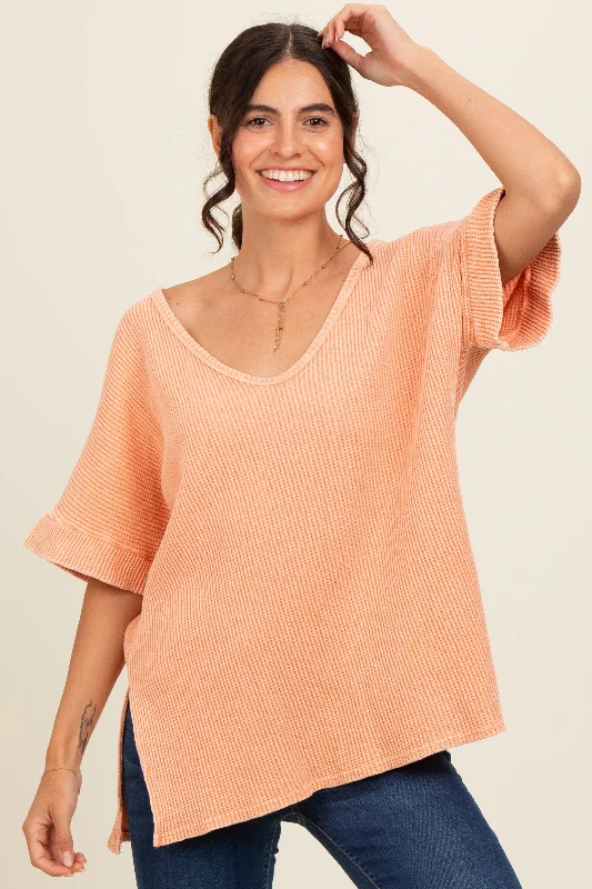 Chic Trends Unveiled Peach Waffle Knit V-Neck Top