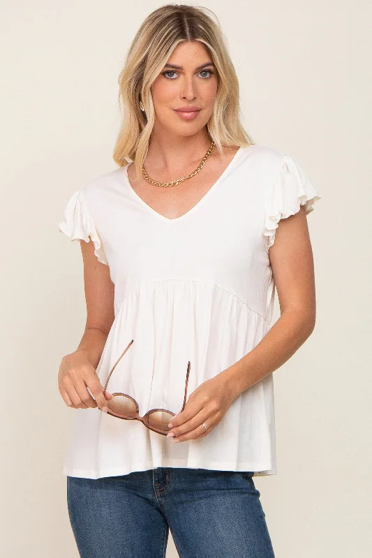 Stylish Looks White Flutter Sleeve V-Neck Top