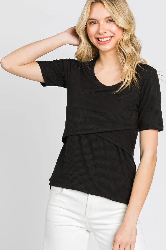 Stylish Statements Black Ribbed Wrap Front Nursing Top