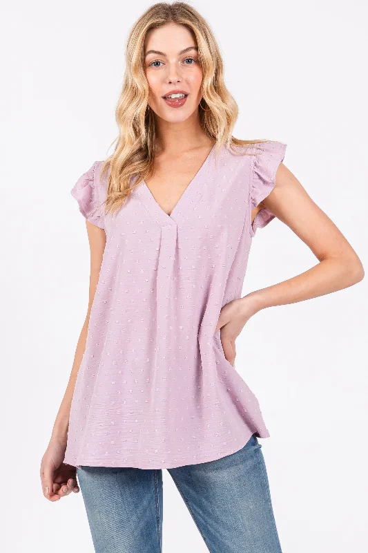 Trendy Styles Lavender Swiss Dot Flutter Sleeve V-Neck Top