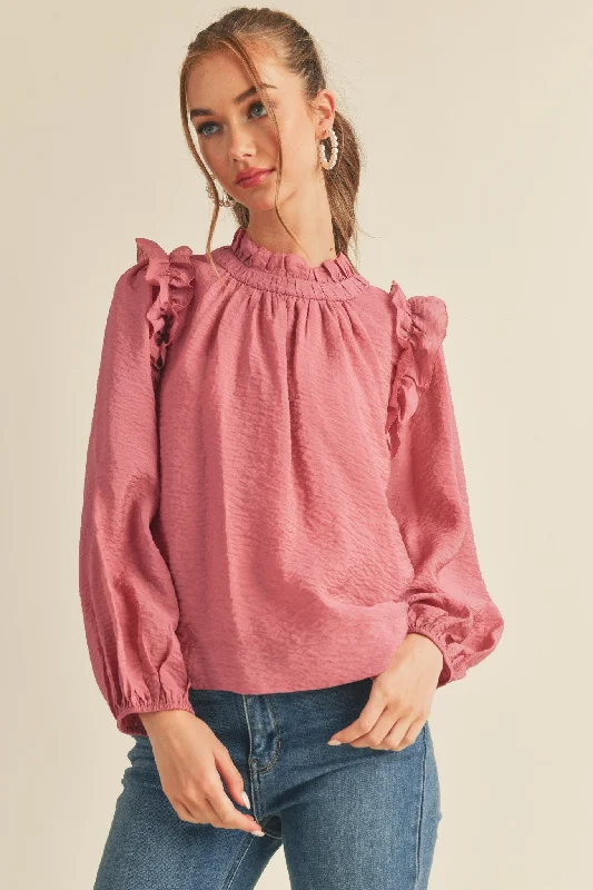 New In This Season Raspberry Cream Ruffled Balloon Sleeve Top