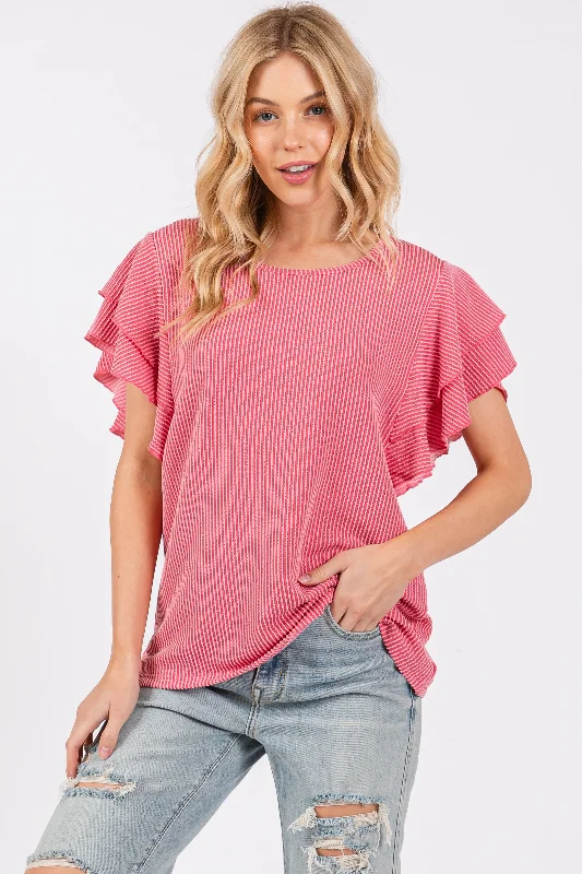 Minimalist Fashion Sale Fuchsia Ruffle Sleeve Ribbed Top