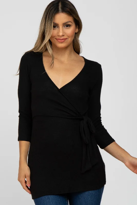 Elegant Fashion Offers Black Brushed Knit Wrap Top