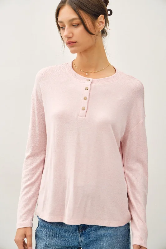 Big Discounts Light Pink Brushed Knit Henley Top