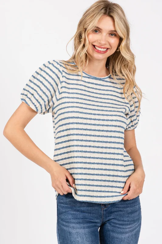 Ride The Style Wave Light Blue Striped Textured Puff Sleeve Top