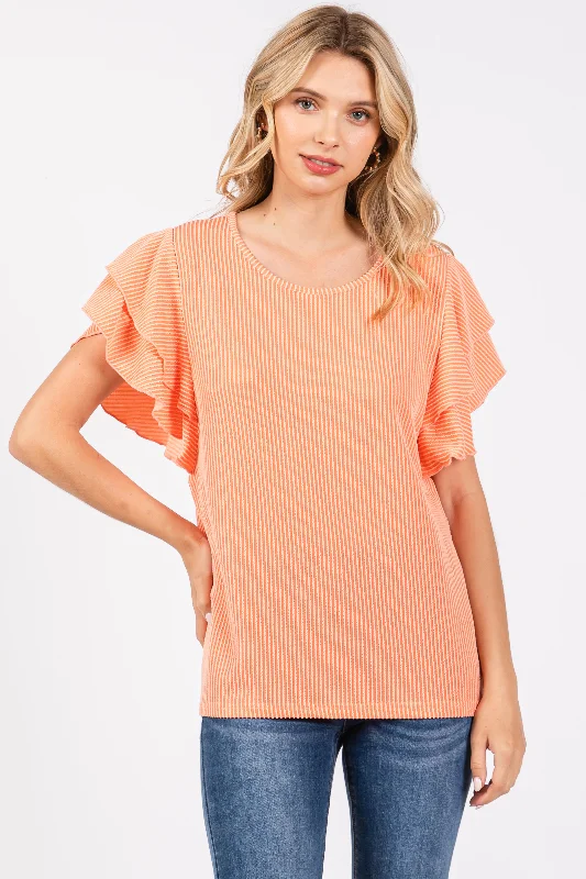 Classic Elegance Sales Orange Ruffle Sleeve Ribbed Top