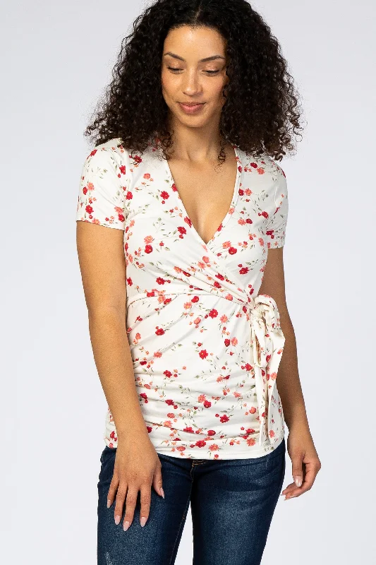 Glamorous Fashion Offers Ivory Floral Wrap Fitted Nursing Top