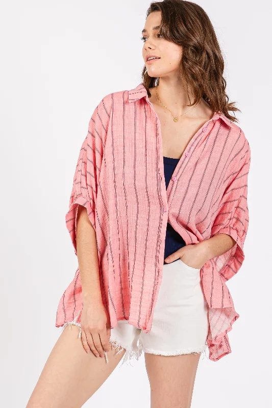 Polished Style Deals Pink Striped Collared Oversized Top