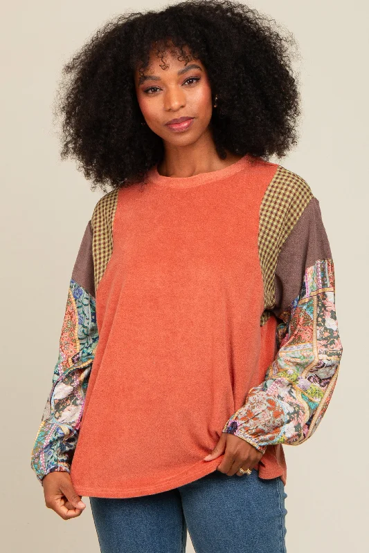 Stylish Savings Rust Mixed Print Bubble Sleeve Top