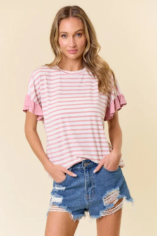 Vintage-Modern Style Offers Mauve Striped Ruffle Sleeve Top