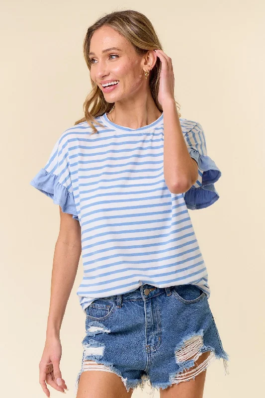 Laid-Back Fashion Offers Light Blue Striped Ruffle Sleeve Top