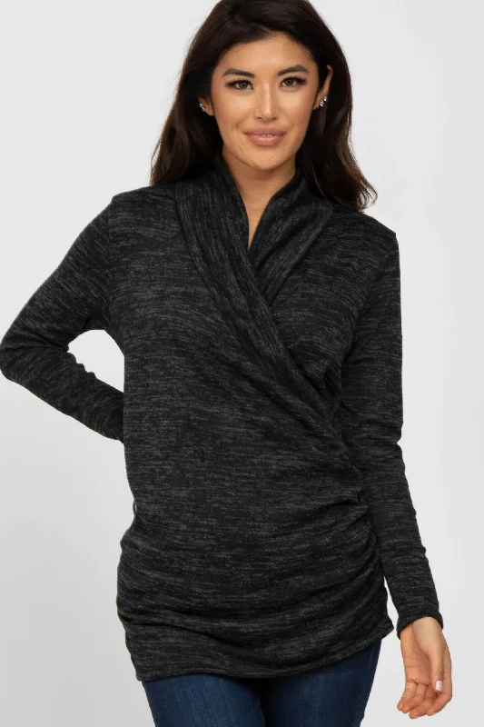 Minimalist Fashion Sale Black Soft Heathered Draped Wrap Nursing Top