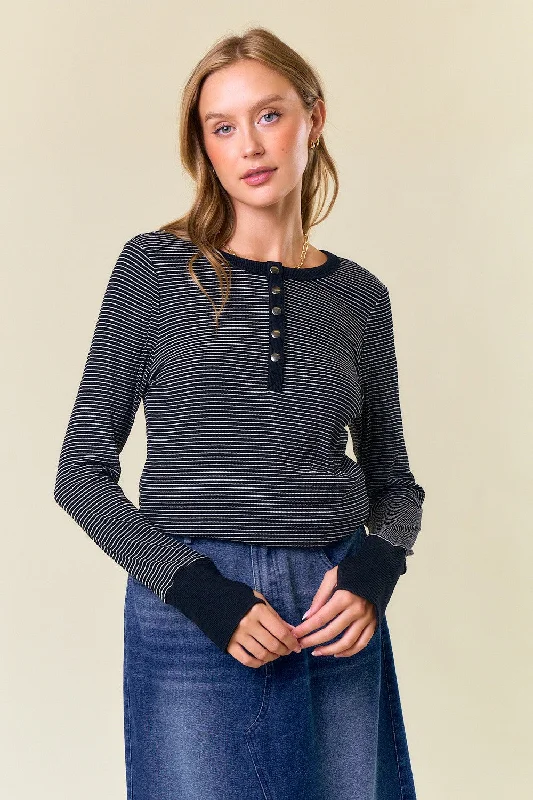 Budget Saver Black Striped Snap Button Henley Top