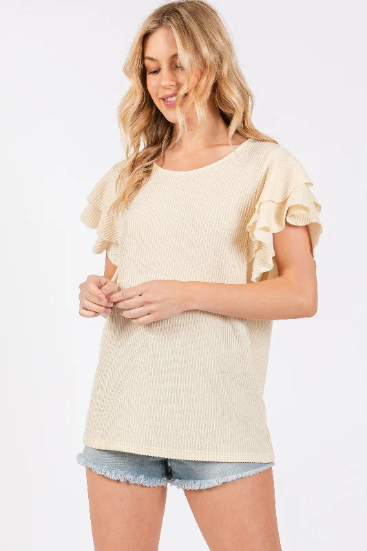 Fashion Sale Cream Ruffle Sleeve Ribbed Top