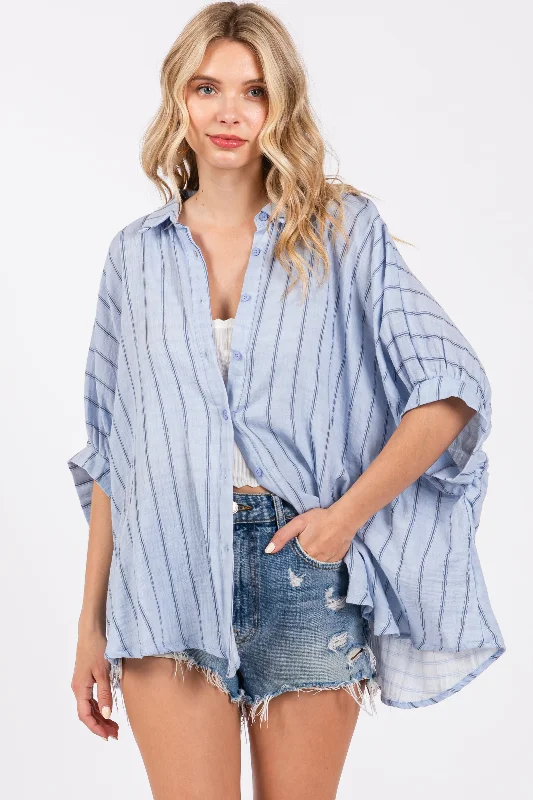 Fashionista Sale Light Blue Striped Collared Oversized Top