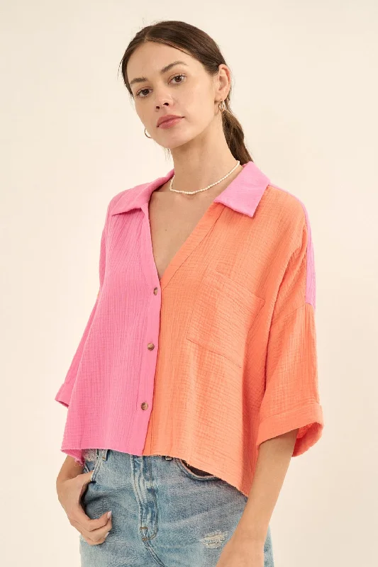 Special Offer Bubble Gum Color Block Crinkle Cotton Raw Edge Hem Shirt