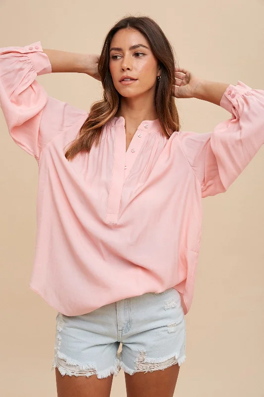 Romantic Chic Deals Peach Button Front Long Puff Sleeve Top