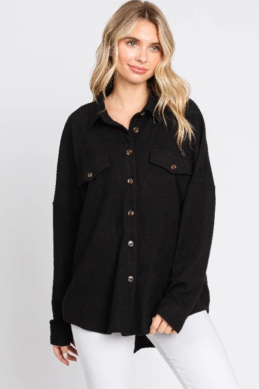 Discover Now Black Textured Button Front Collared Top