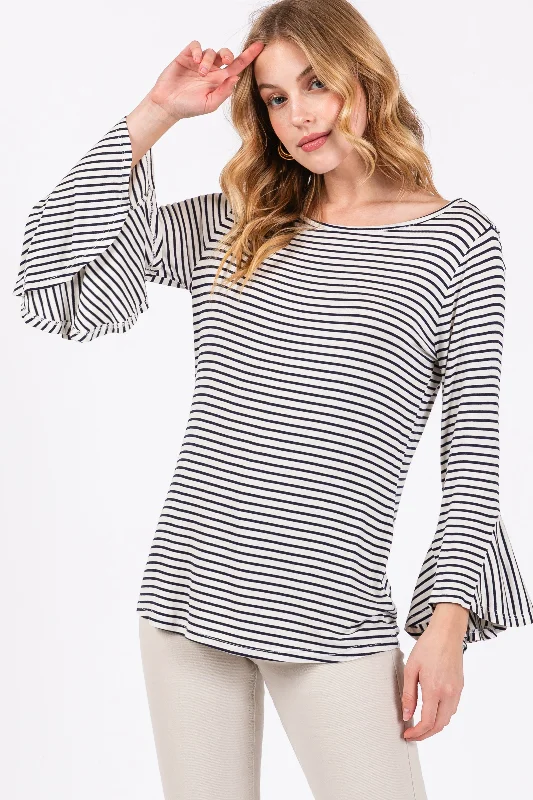 Sophisticated Street Style Offers Navy Blue Striped 3/4 Sleeve Top