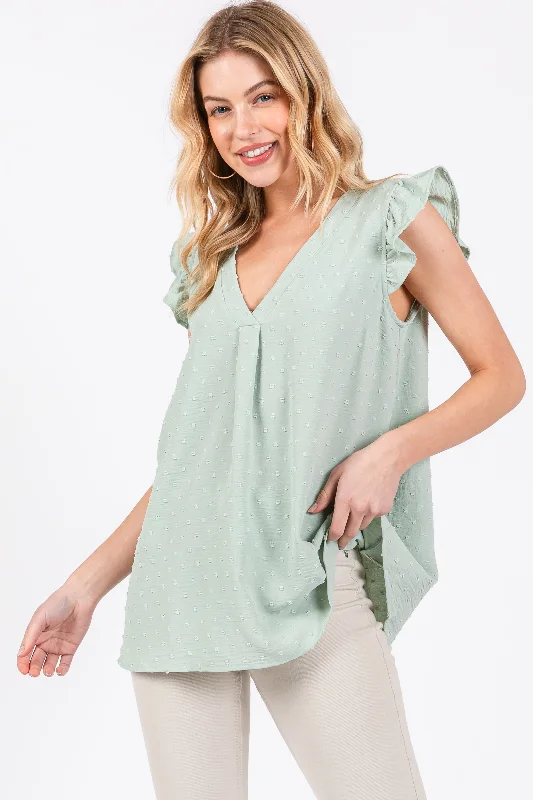 Budget-Friendly Fashion Mint Swiss Dot Flutter Sleeve V-Neck Top