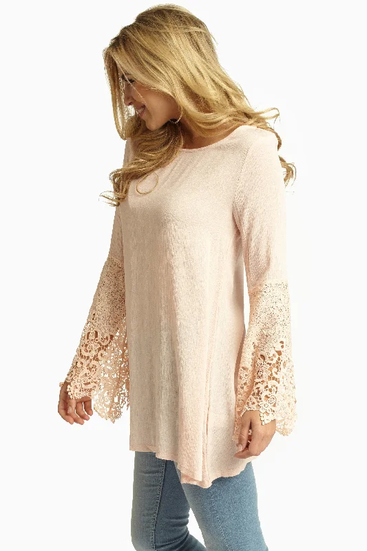 Luxury Fashion Light Pink Linen Crochet Trim Sleeves Bohemian Top