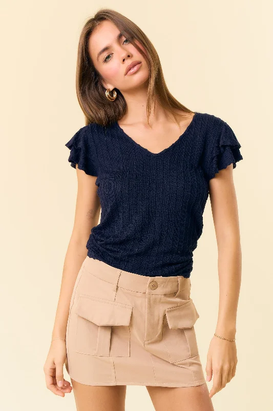 Street Chic Discounts Navy Blue Cable Knit Layered Ruffle Sleeve Top