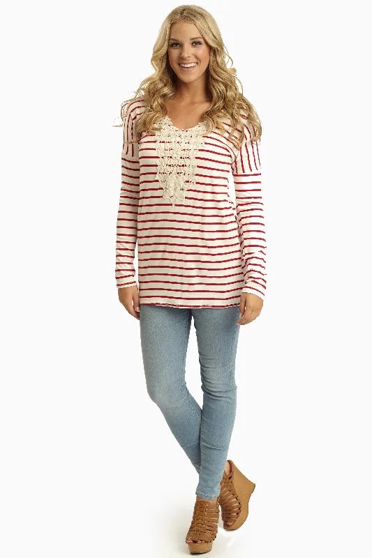 Stylish Savings Red Striped Crochet Neckline Top