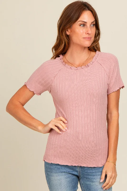 Style Redefined Mauve Ruffle Trim Ribbed Top