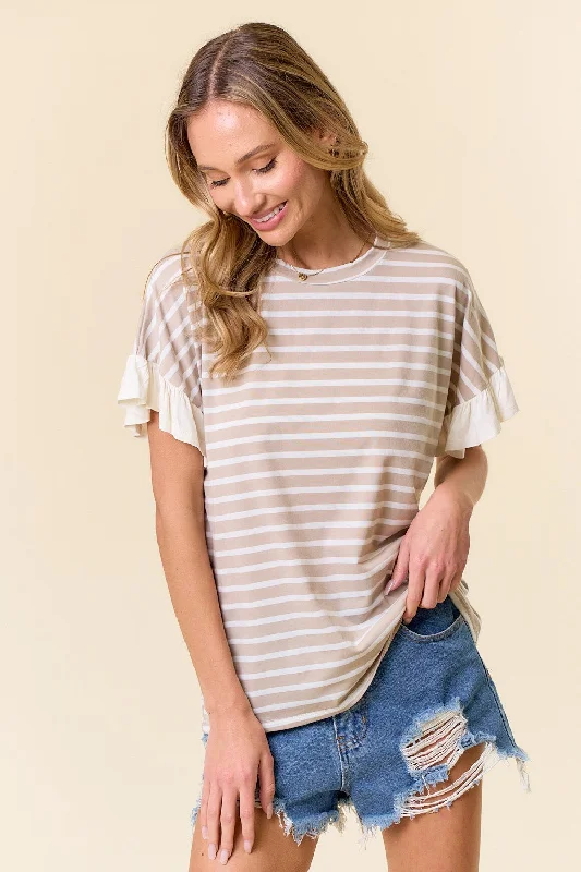 Polished Style Deals Taupe Striped Ruffle Sleeve Top