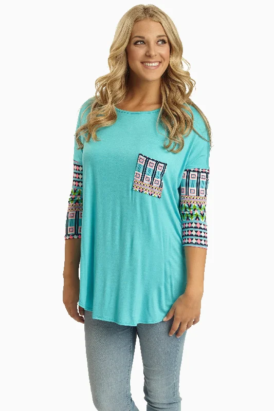 Boutique Styles Aqua Neon Multi-Color Printed Sleeve Top