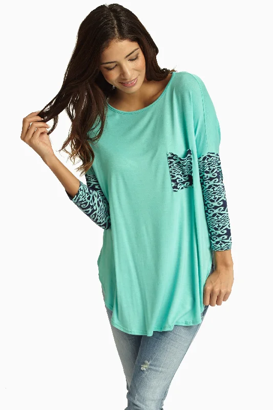 Premium Fashion Aqua Navy Damask Printed Sleeve Top