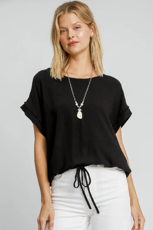 Chic Style, Always In Vogue Black Drawstring Hem Linen Top