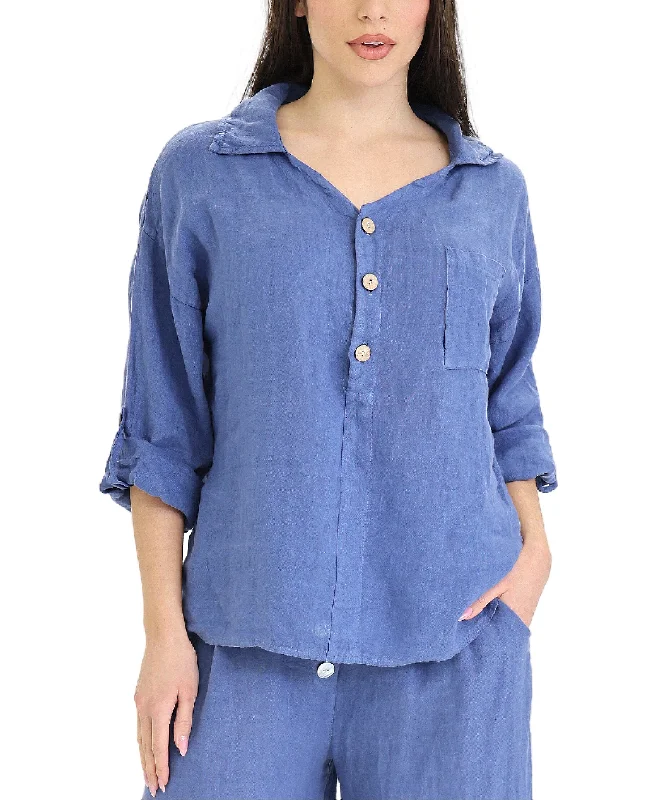 Chic And Edgy Linen Shirt w/ 1/2 Buttons