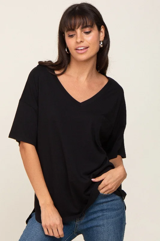 Exclusive Fashion Deals Black Pocketed V-Neck Top