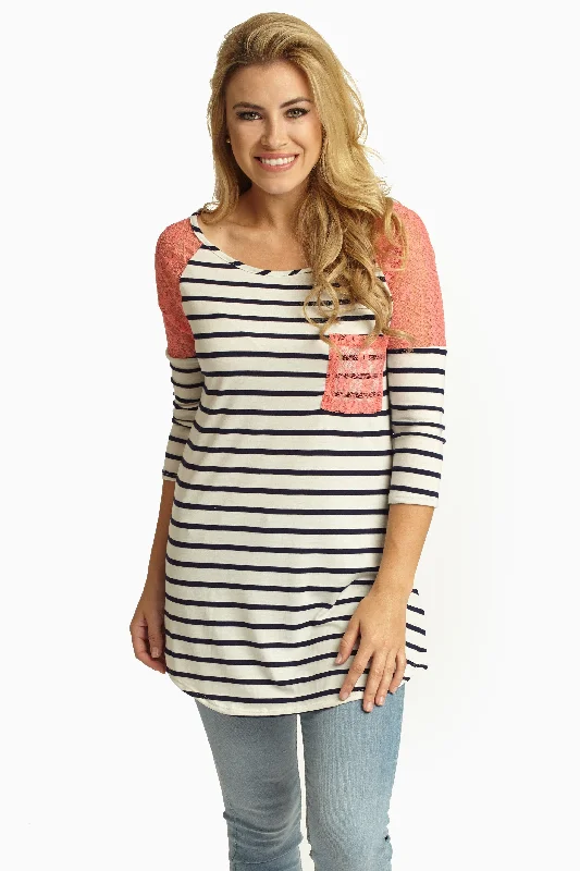 Get The Latest Trends Coral Lace Shoulder Striped Top