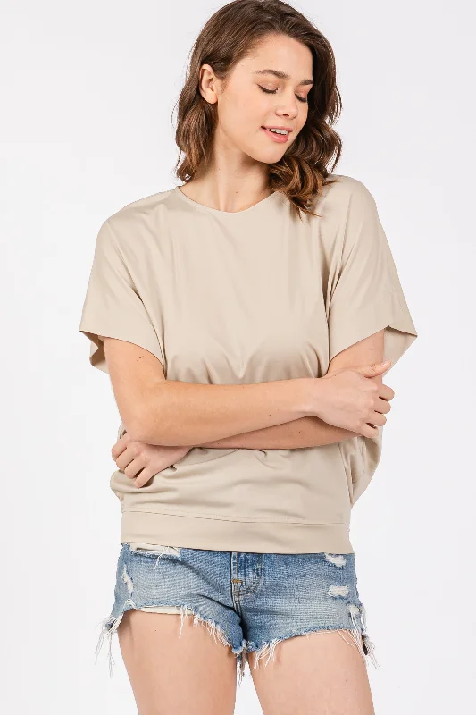 Fashionable Comfort Promotions Beige Round Neck Dolman Sleeve Top