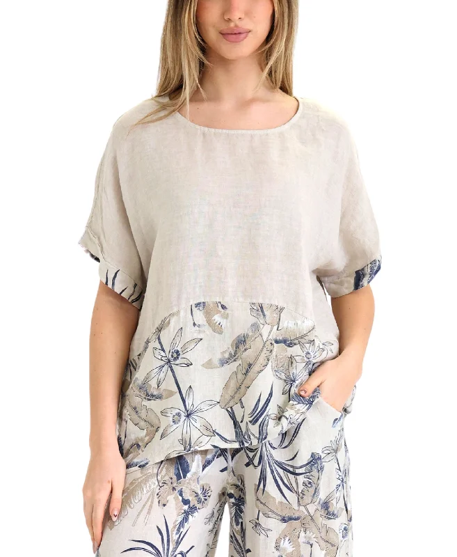 Affordable Trendy Fashion Linen Floral Trim Hi-Lo Top